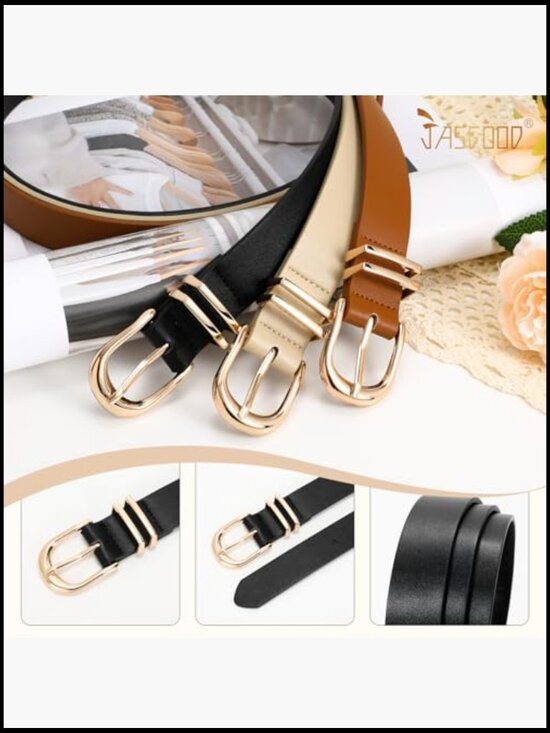 3 Pack Faux Leather Waist Belts with Gold Buckle for Jeans Dresses Pants